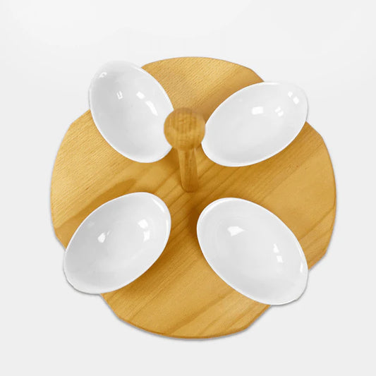 سينزو - حامل خشبي و4 أوعية بيضاوية من البورسلين - خشب وبورسلين