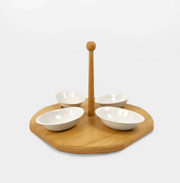 سينزو - حامل خشبي و4 أوعية بيضاوية من البورسلين - خشب وبورسلين