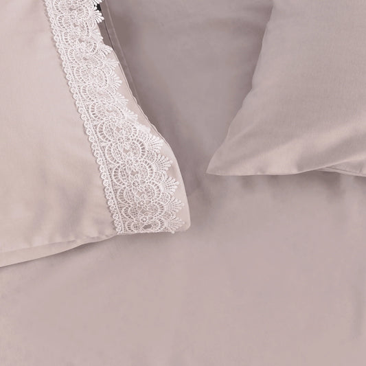 سينزو - طقم ملايات سرير بيج مع دانتيل أبيض، 5 قطع - 240×260 سم