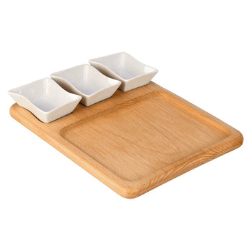 سينزو - طبق خشبي للرقائق والصلصات مع 3 أوعية - خشب و بورسلين