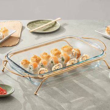 بوركام - سرفيس تقديم مستطيل مع حامل معدن مطلي بالذهب  - 3.85 لتر