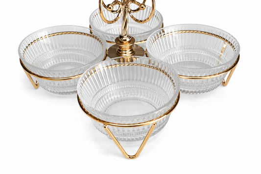 حامل مكسرات زجاجي مع 4 أوعية - ذهبي