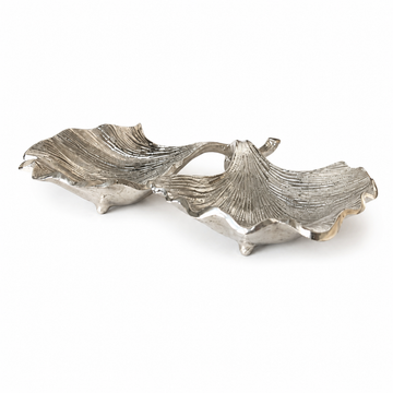 طبق تقديم على شكل ورقة مكون من جزأين لتقديم الوجبات الخفيفة والمكسرات - فضي