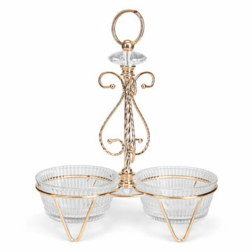 حامل مكسرات زجاجي مع وعاءين - ذهبي