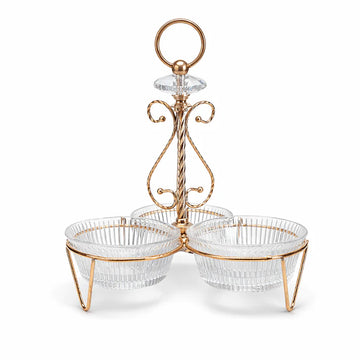 حامل مكسرات زجاجي مع 3 أوعية - ذهبي