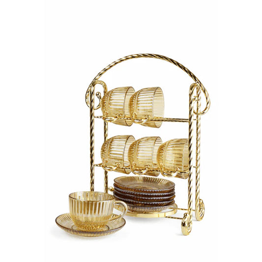 طقم أكواب شاي مع صحون وحامل - 6 قطع - ذهبي